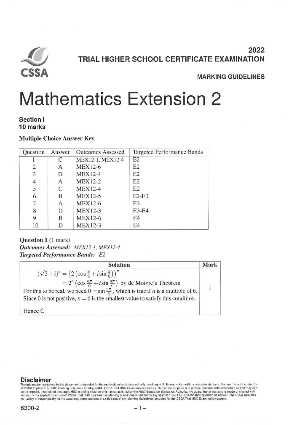 CSSA4U Mathematics Extension 2 Trial HSC Exam Marking Guidelines - Studocu