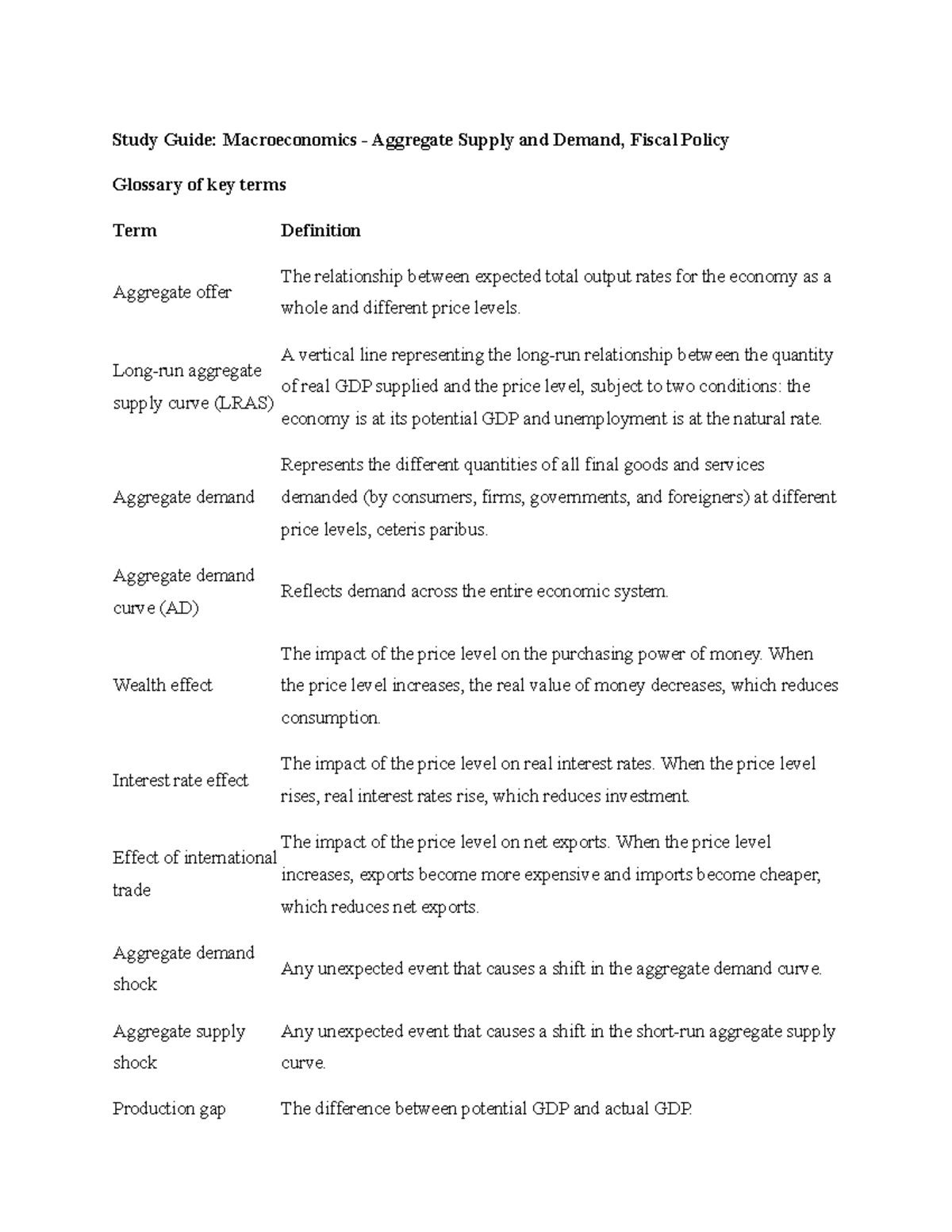 Study Guide: Macroeconomics (Econ 101) - Key Terms for Final Exam - Studocu