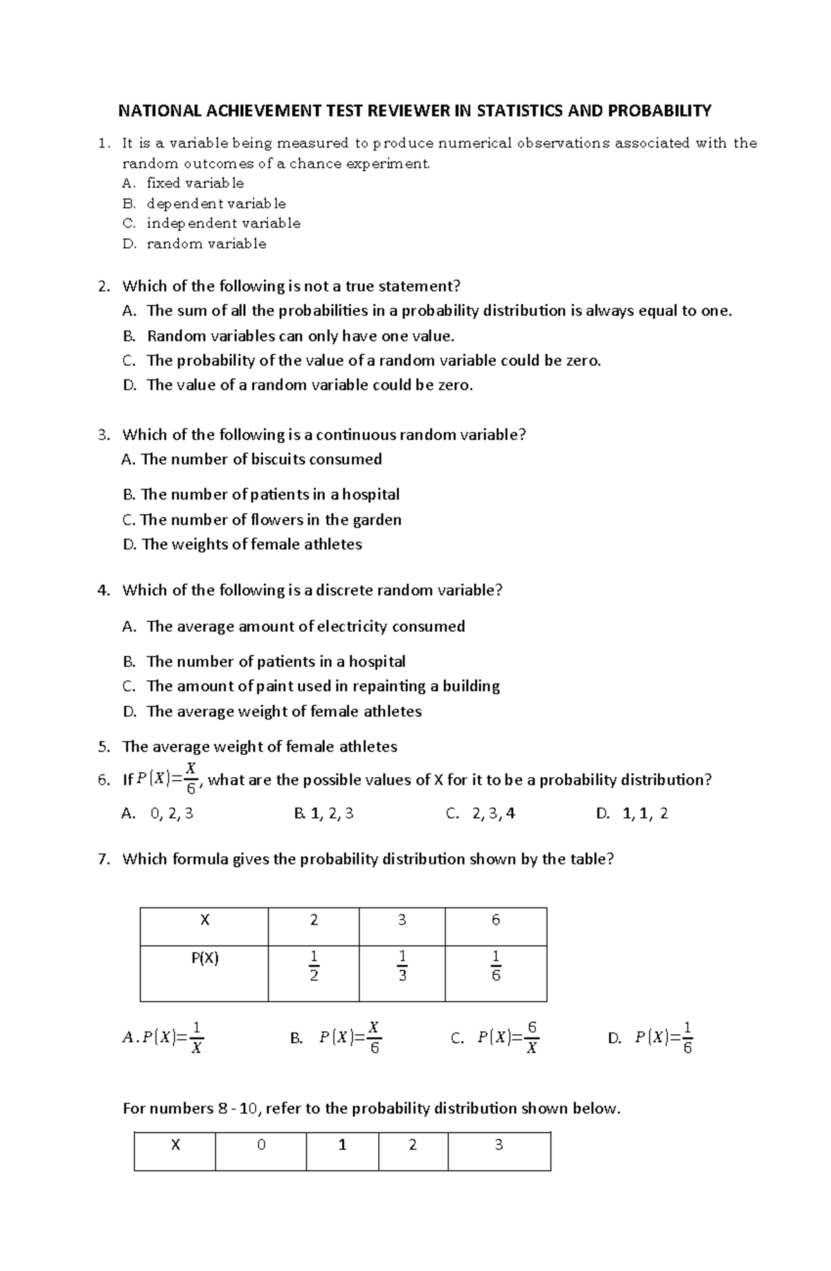 NATIONAL ACHIEVEMENT TEST REVIEWER: STATISTICS & PROBABILITY 1 - Studocu