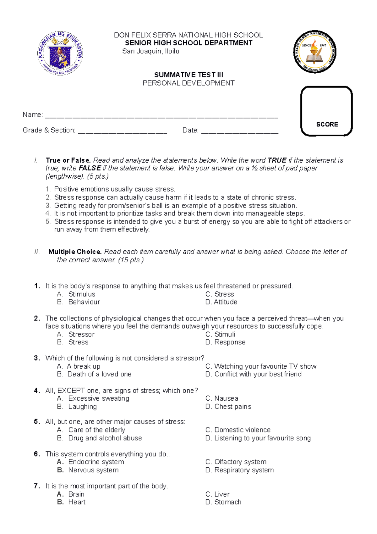Personal Development Summative Test III (PD 12) - Studocu