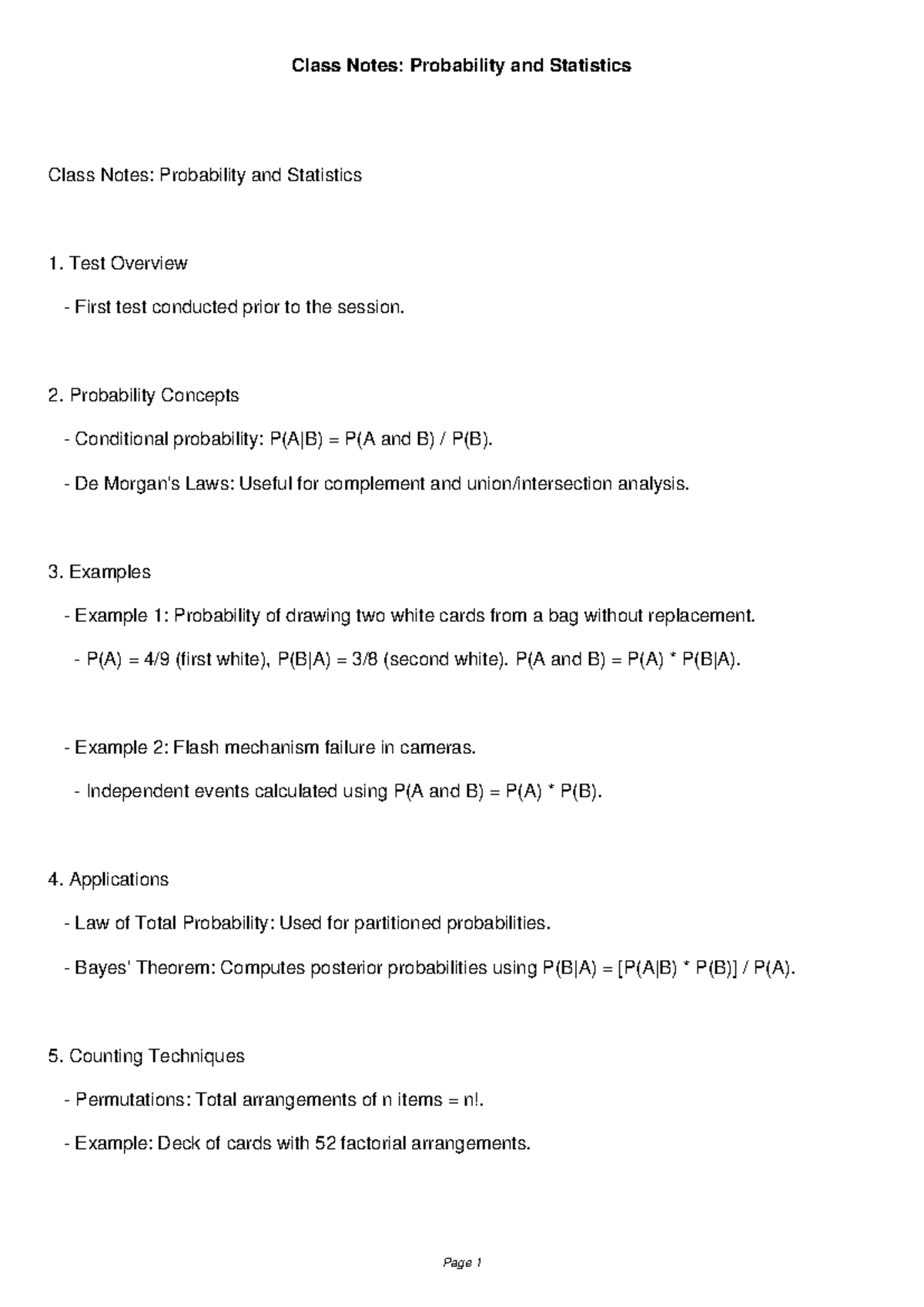 Class Notes Probability And Statistics Probability Class Notes