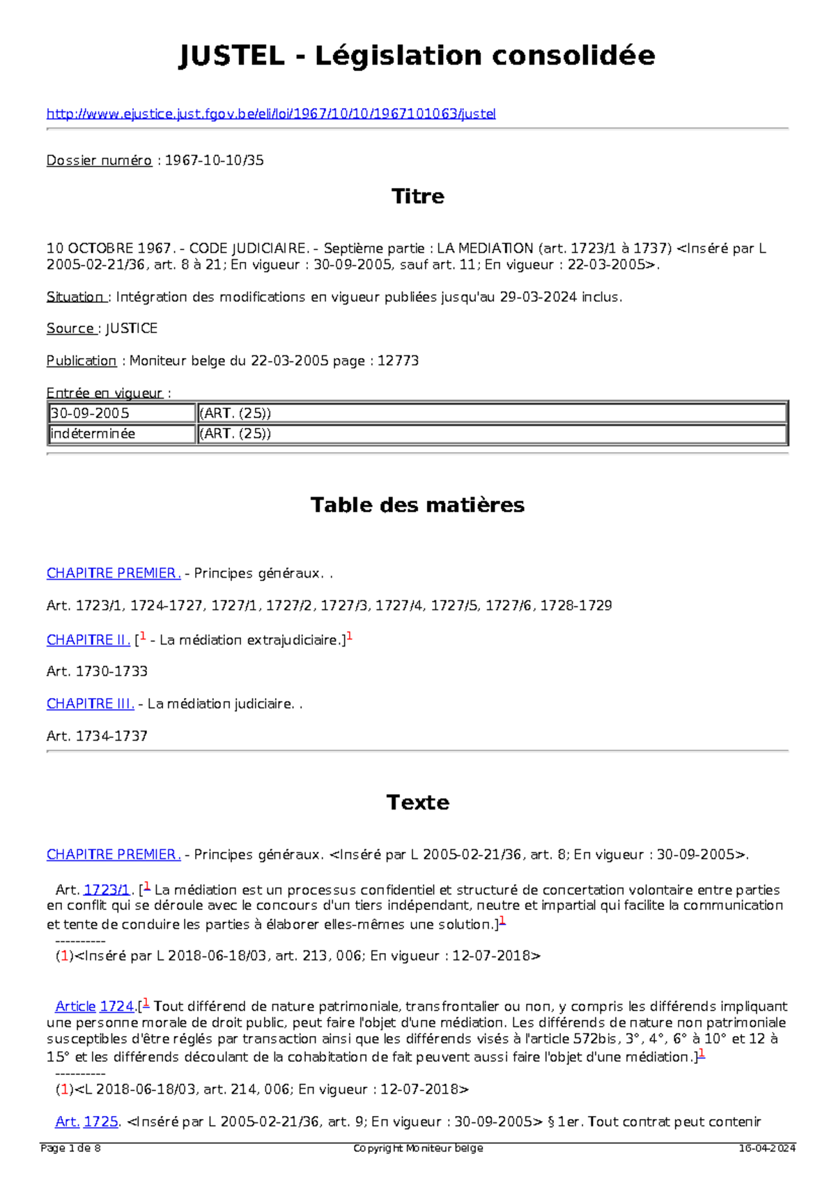 Médiation - Code Judiciaire et Législation (Dossier N° 1967-10-10 ...