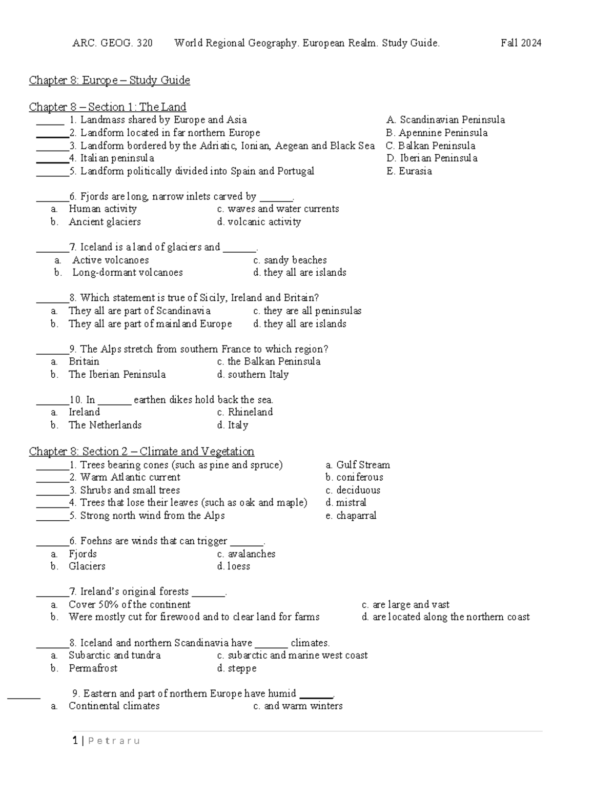 Final Exam Study Guide for ARC. GEOG. 320: European Realm, Fall 2024 ...
