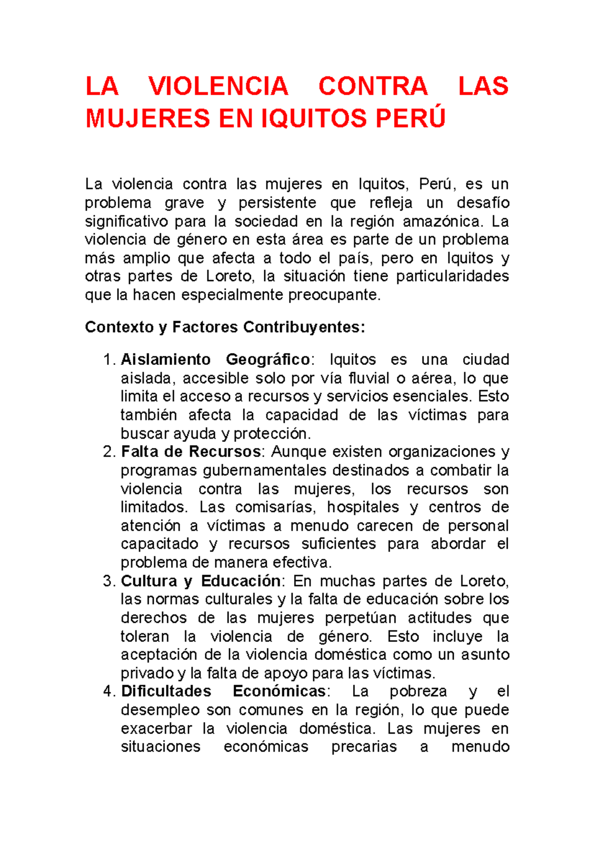 LA Violencia de Género en Iquitos, Perú: Desafíos y Soluciones - Studocu