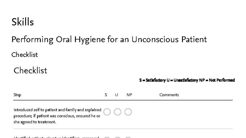 Oral Hygiene Checklist for Unconscious Patients - Skills Assessment ...