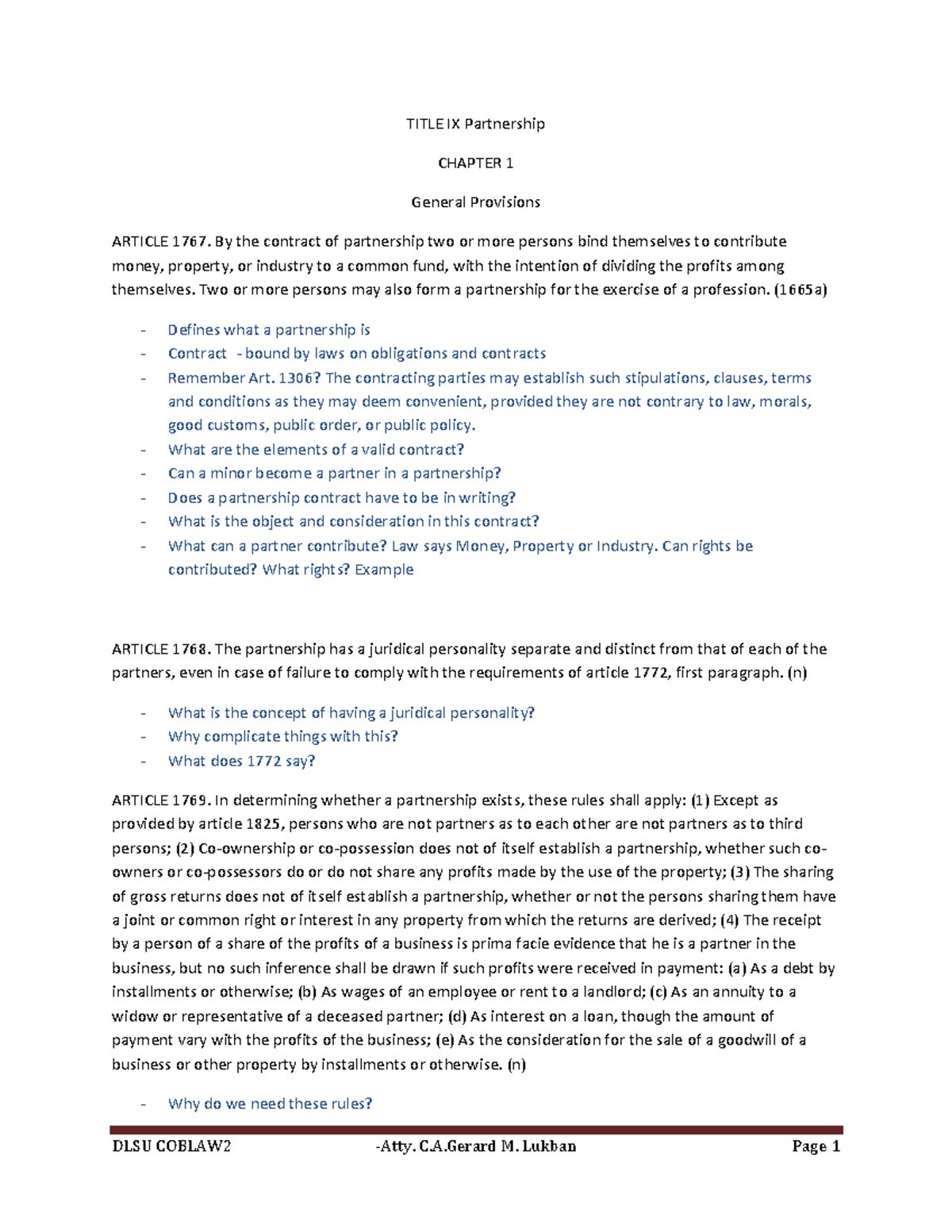 DLSU COBLAW2 Partnership Study Guide: Chapter 1 Overview and Key ...