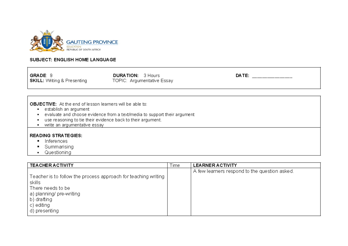 GR 9 ENG HL - Argumentative Essay Lesson Plan Overview - Studocu