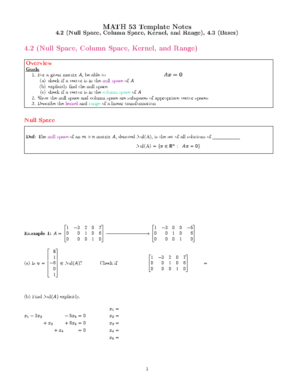 MATH 53 Template Notes: Null Space, Column Space, and Bases Overview ...