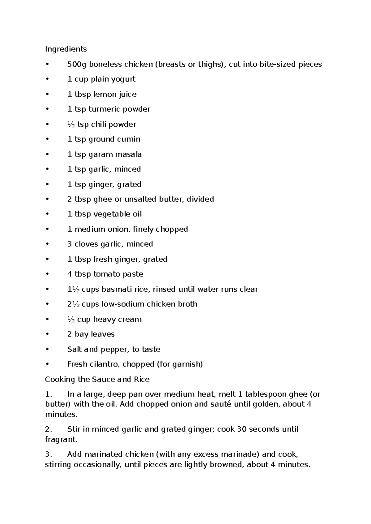 Butter Chicken Recipe - Practice Material for Cooking Class - Studocu