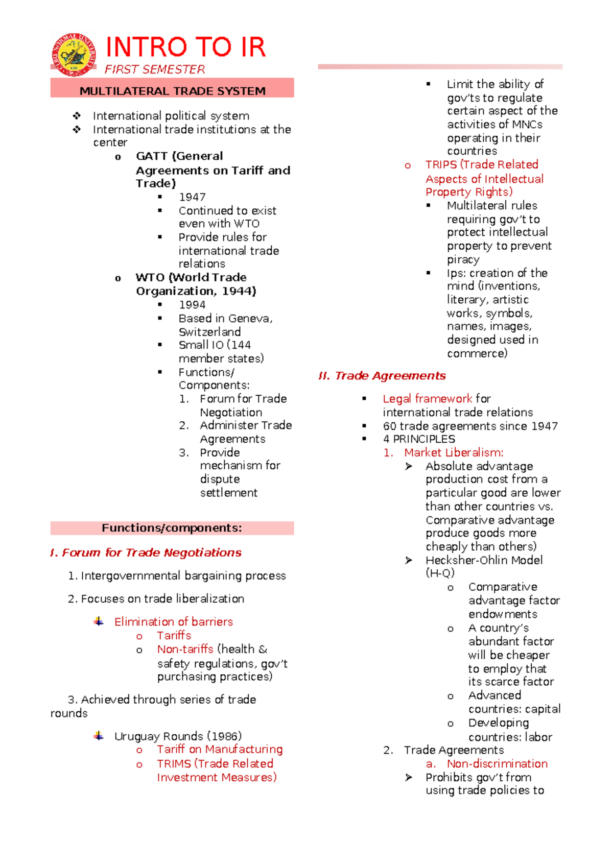 Political Theory Notes 1 - INTRO TO IR FIRST SEMESTER MULTILATERAL ...