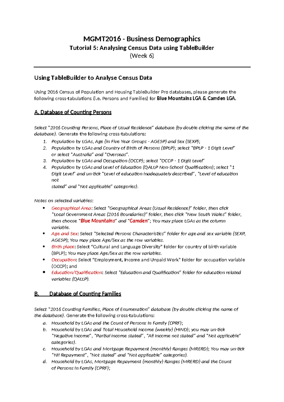 MGMT2016 Tutorial 5: Analyzing Census Data with TableBuilder - Studocu