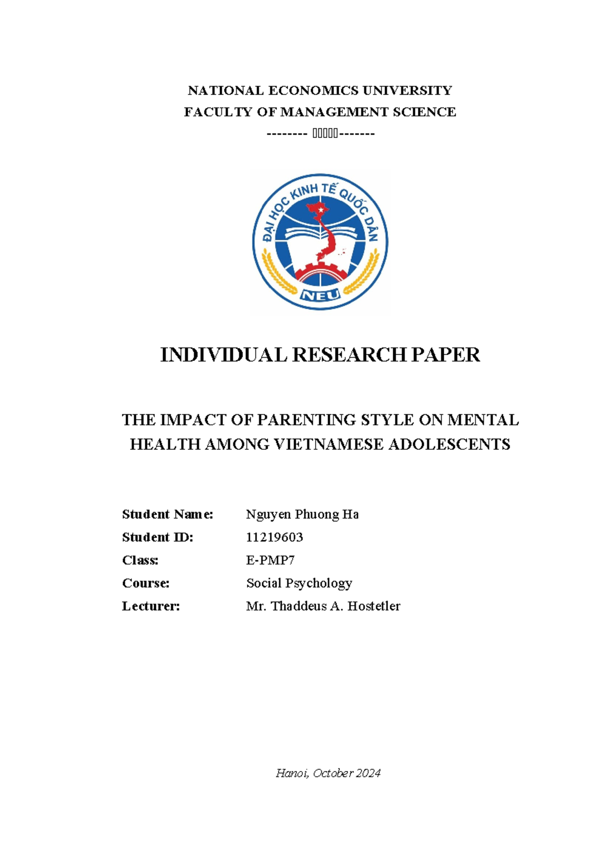 THE IMPACT OF PARENTING STYLE ON MENTAL HEALTH AMONG VIETNAMESE ...