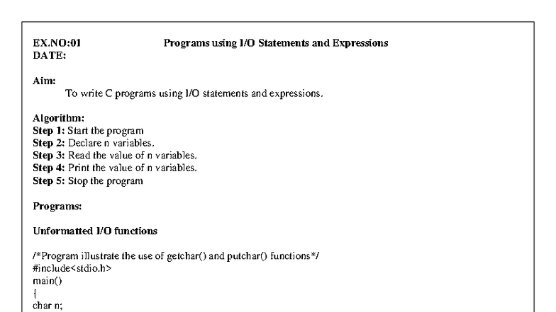 C Programming Lab Manual: Exercises on Statements, Expressions & More ...