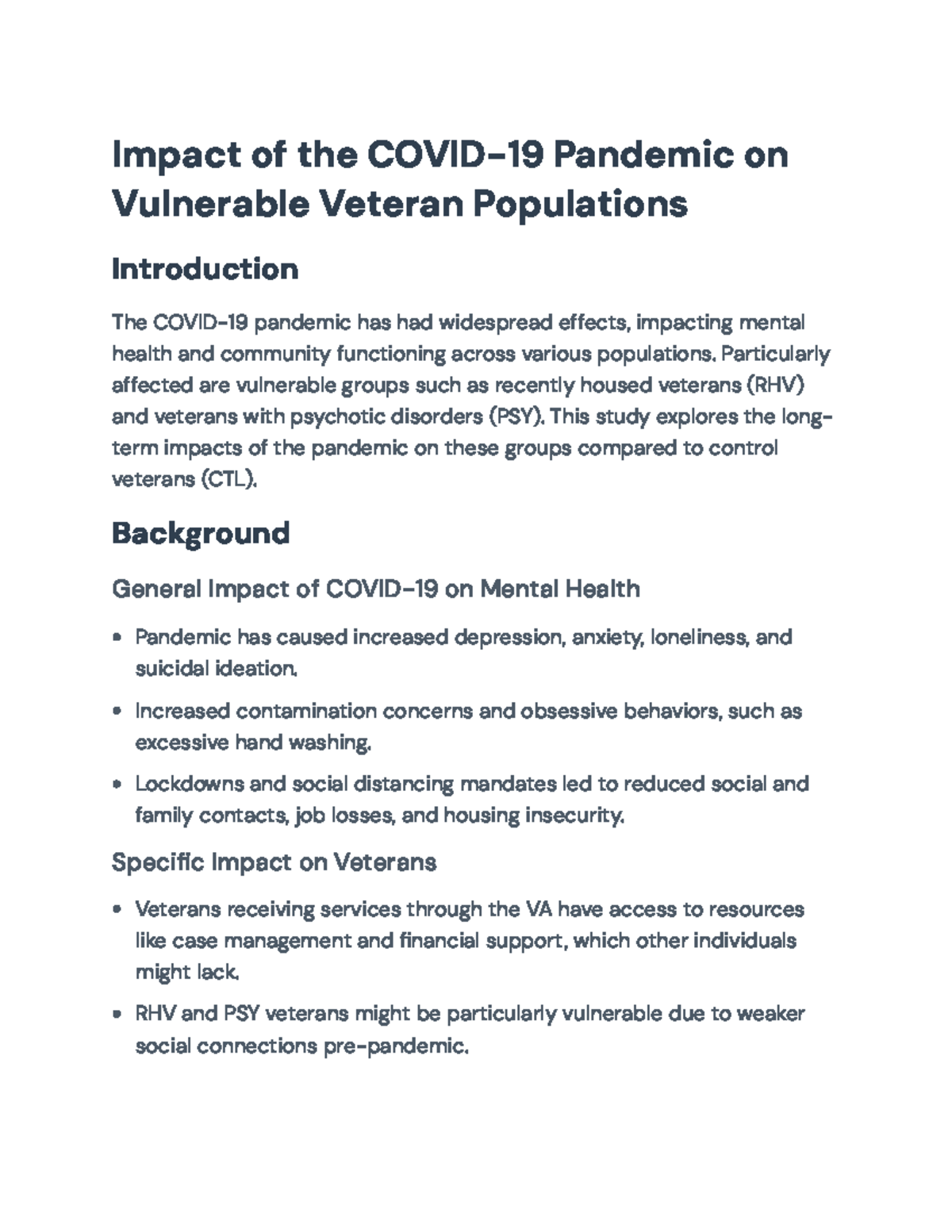 Long-Term Mental Health Impact of COVID-19 on Vulnerable Veterans (RHV ...