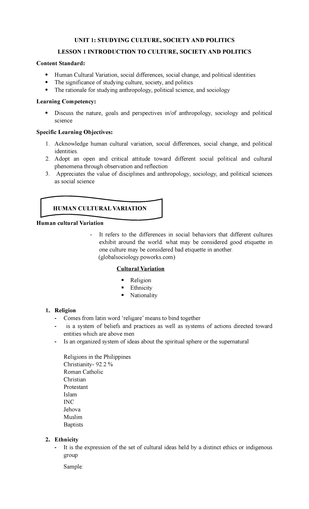 UCSP 1 Introduction to Culture, Society and Politics - UNIT 1: STUDYING ...