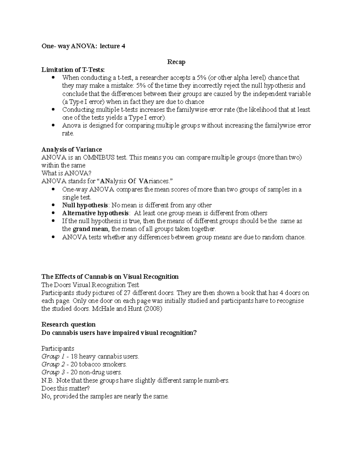 L4 2023 Lecture Notes on One-Way ANOVA and Visual Recognition - Studocu