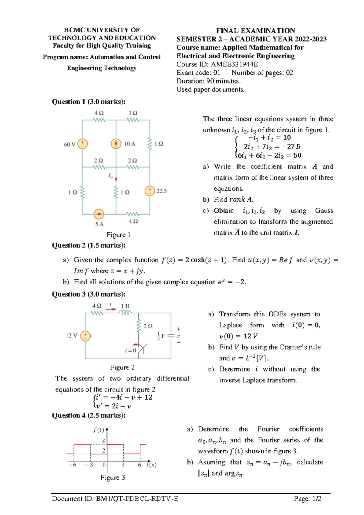 Final Exam AMEE331944E: Applied Math for Electrical Engineering - Studocu