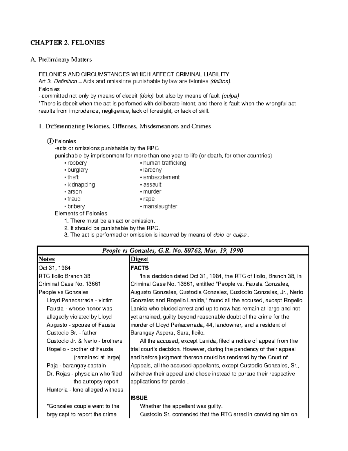 Felonies A-D: Key Notes on Criminal Liability and Case Studies - Studocu