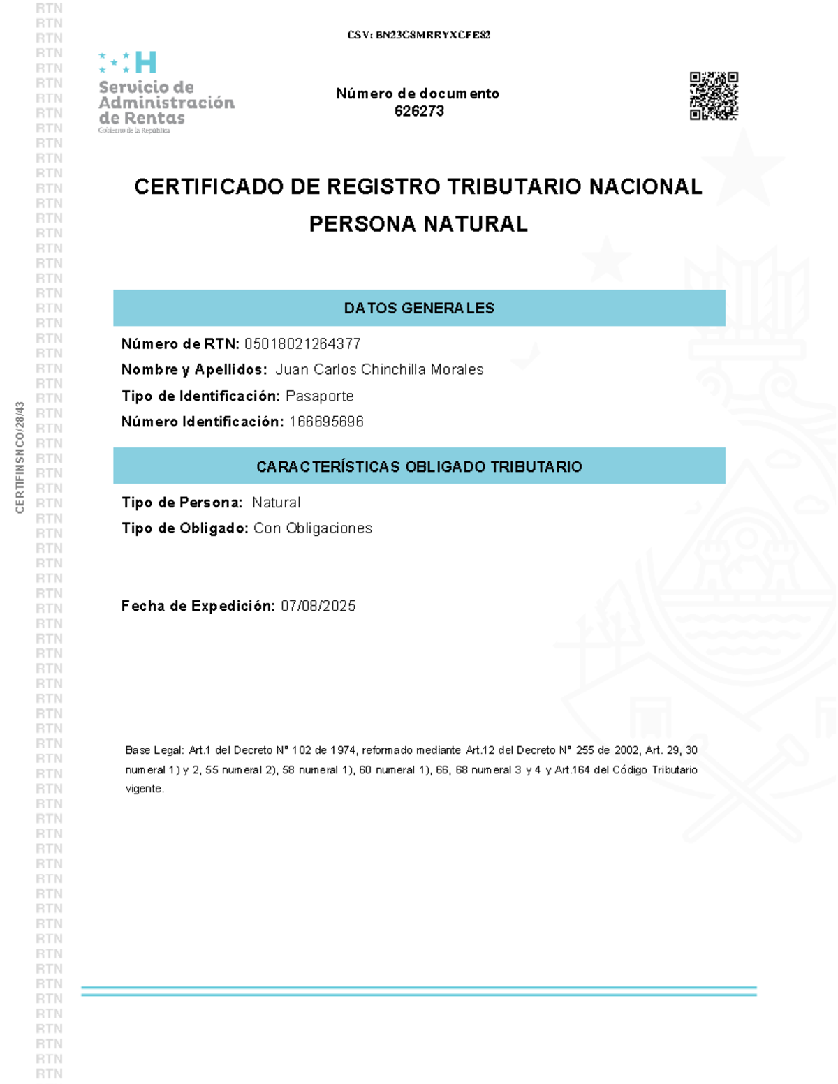 Rtn 2025 - informe - Número de documento 626273 CERTIFICADO DE REGISTRO ...