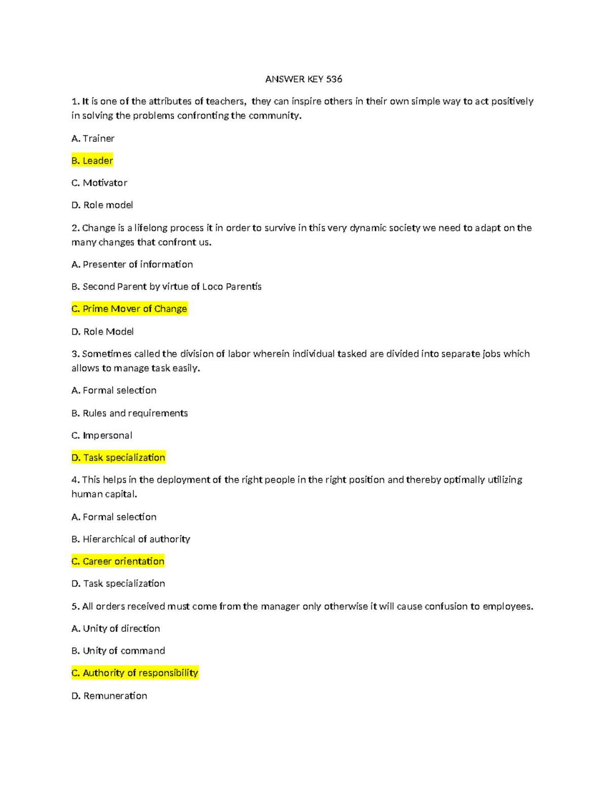 ANSWER KEY 536 - Review of Key Leadership Principles and Concepts - Studocu