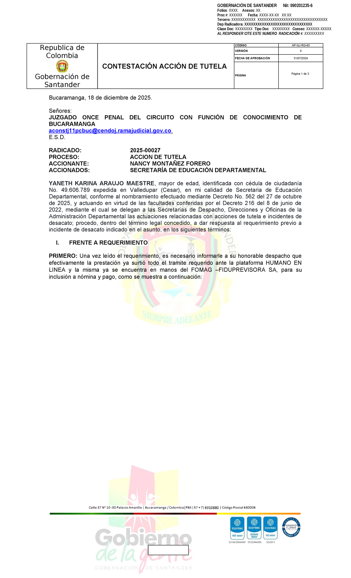 RTA Tutela 23 - Contestación de Acción de Tutela en Santander - Studocu