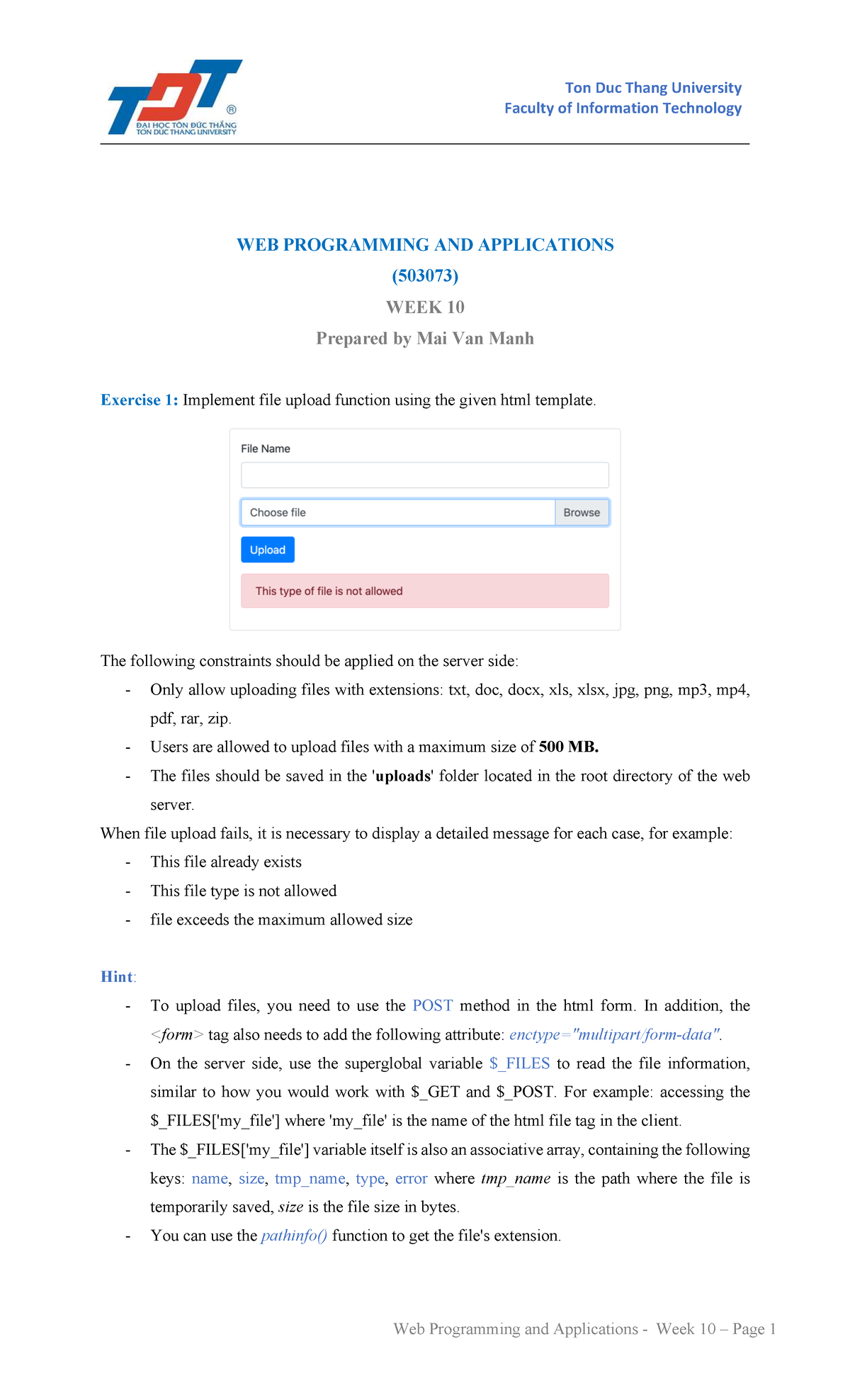WEB PROGRAMMING AND APPLICATIONS (503073) WEEK 10 Lab 10 Notes - Studocu