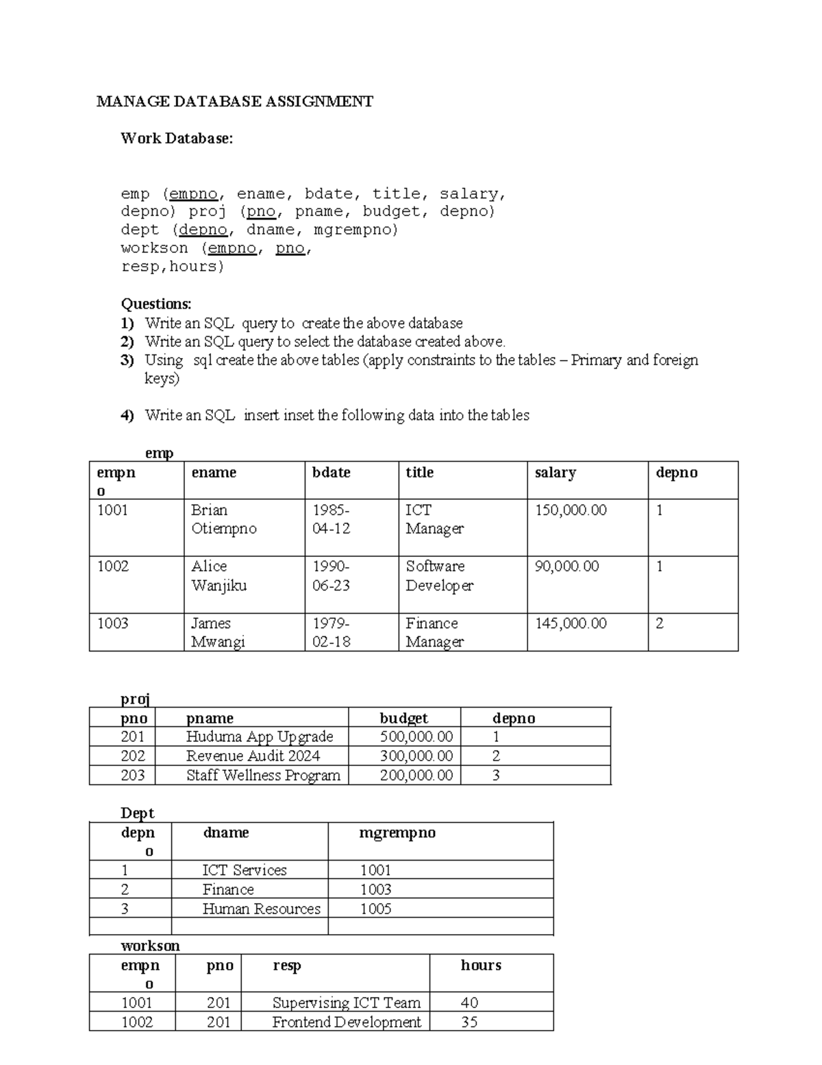 SQL Practice Questions for Database Management Assignment (DB 101 ...