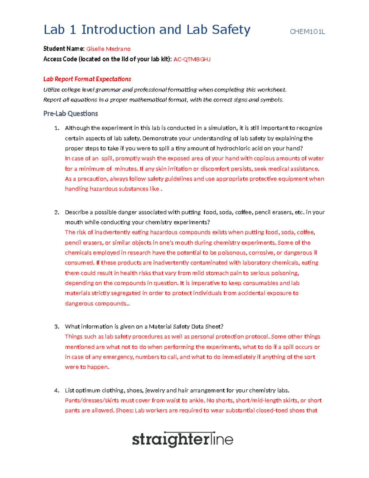 CHEM101L Lab 1 - Completed Experiment Report and Safety Guidelines ...