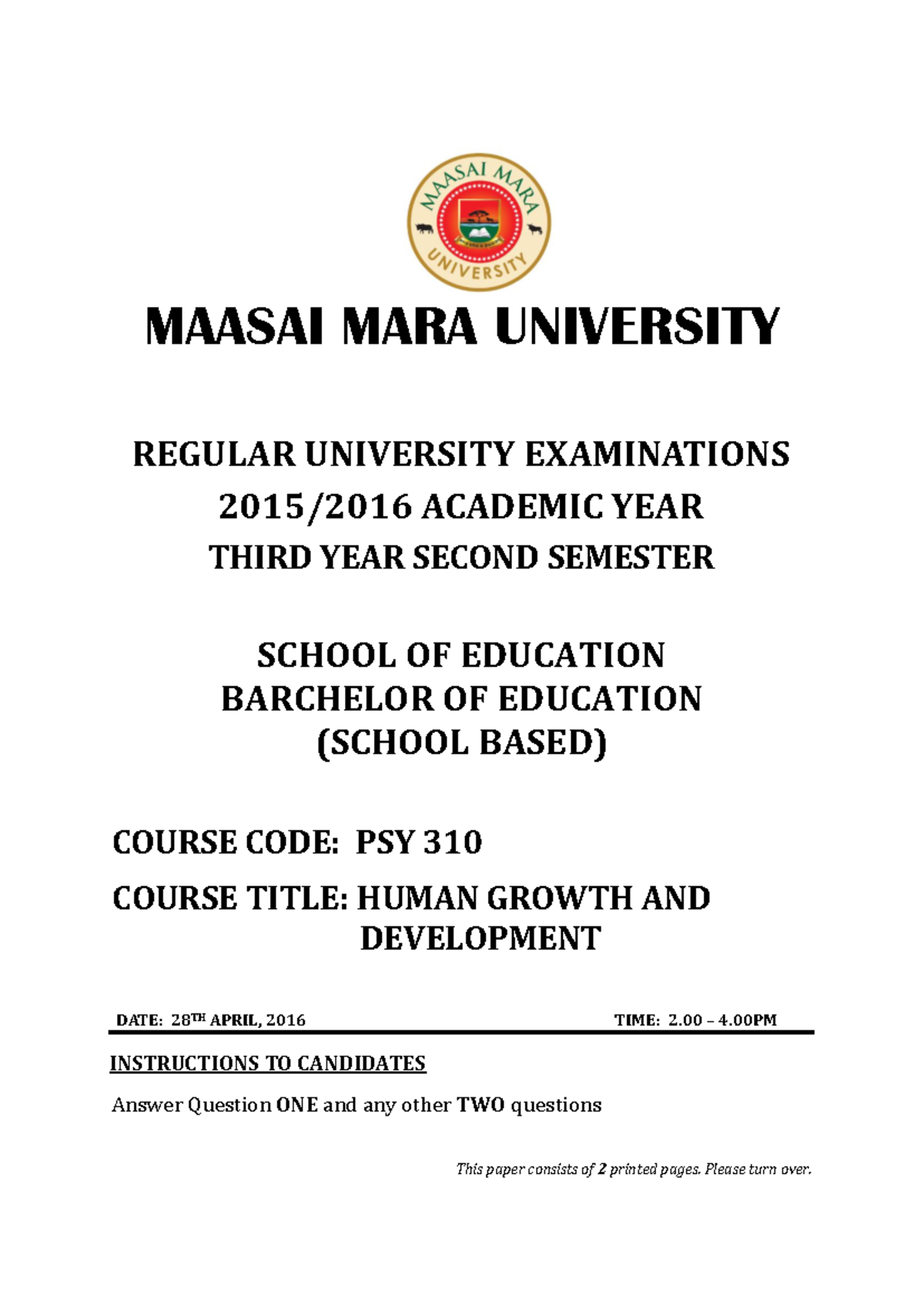 PSY 310 - Human Growth and Development Exam Paper 2015/2016 - Studocu