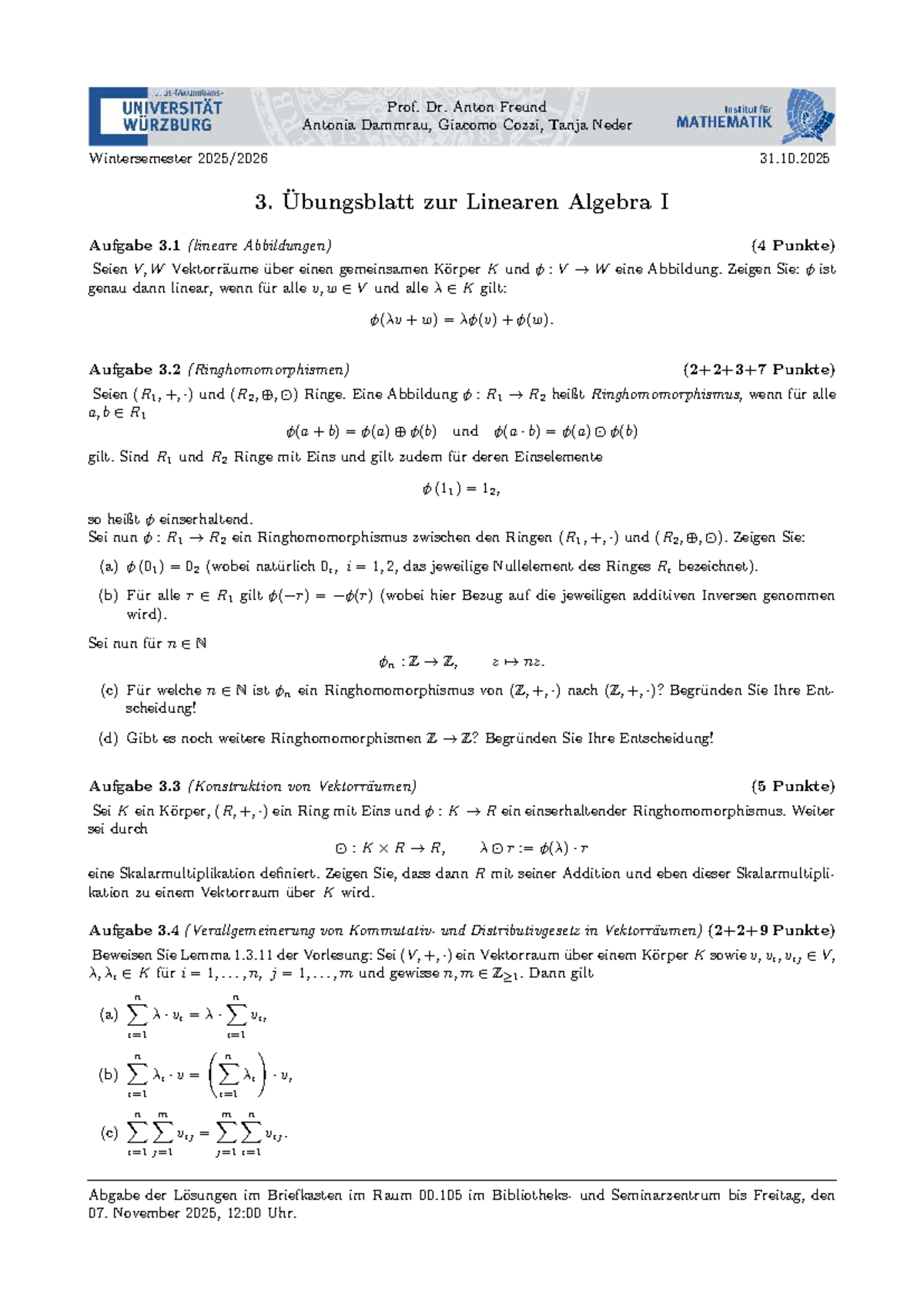 3. Übungsblatt zur Linearen Algebra I - Aufgaben und Lösungen - Studocu