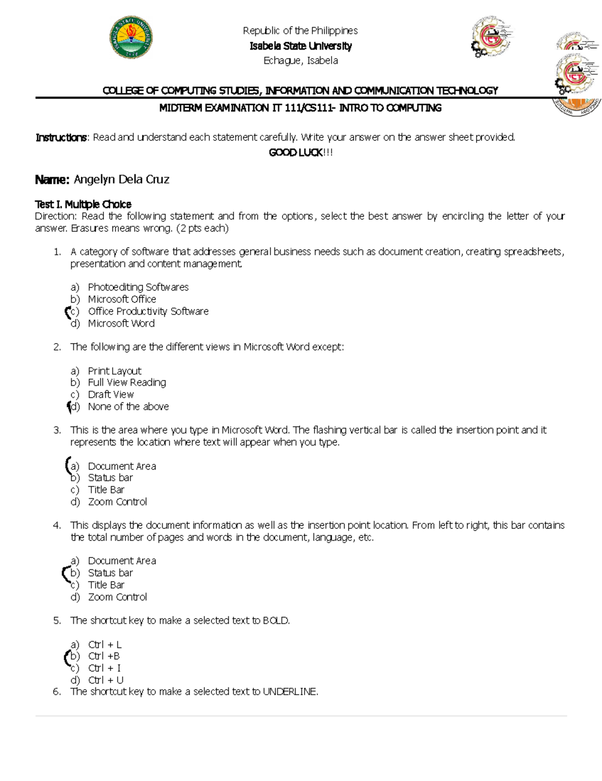 CS111 Midterm Exam Review Questions - 1st Sem 2021 - Studocu