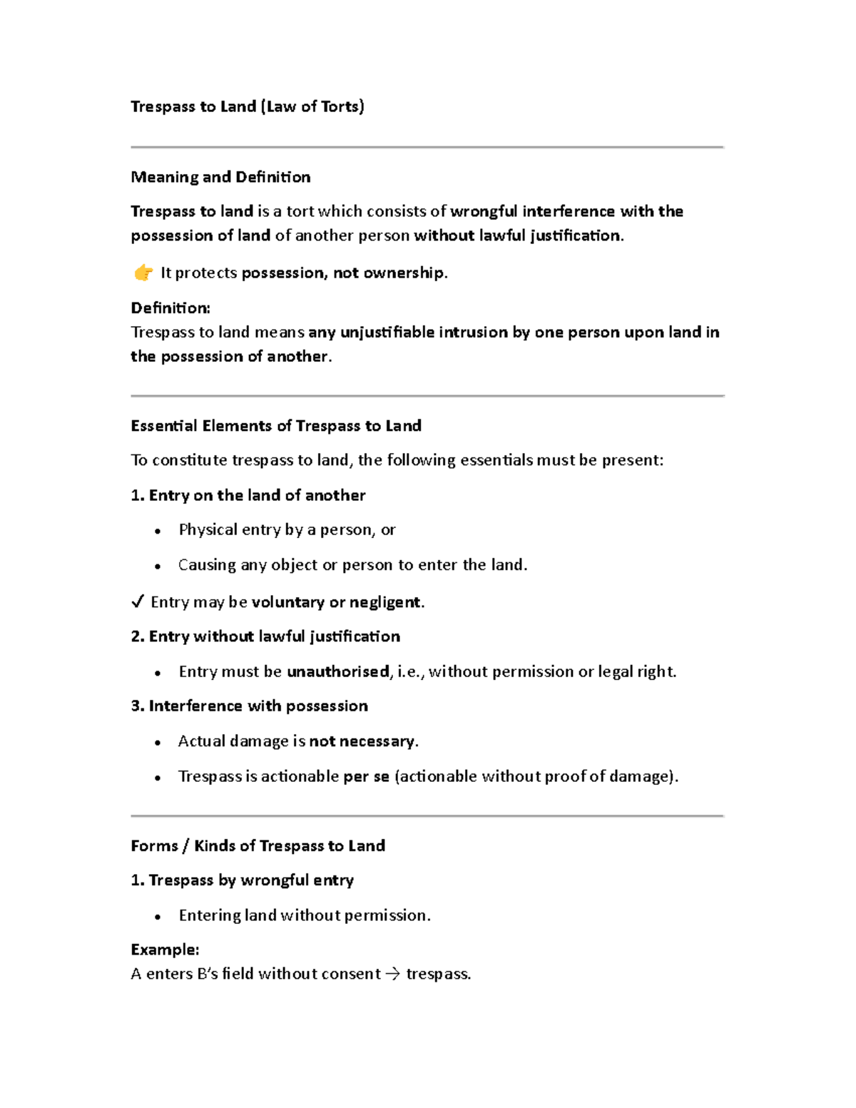 Trespass to Land (TORT): Definition, Elements, and Case Laws - Studocu