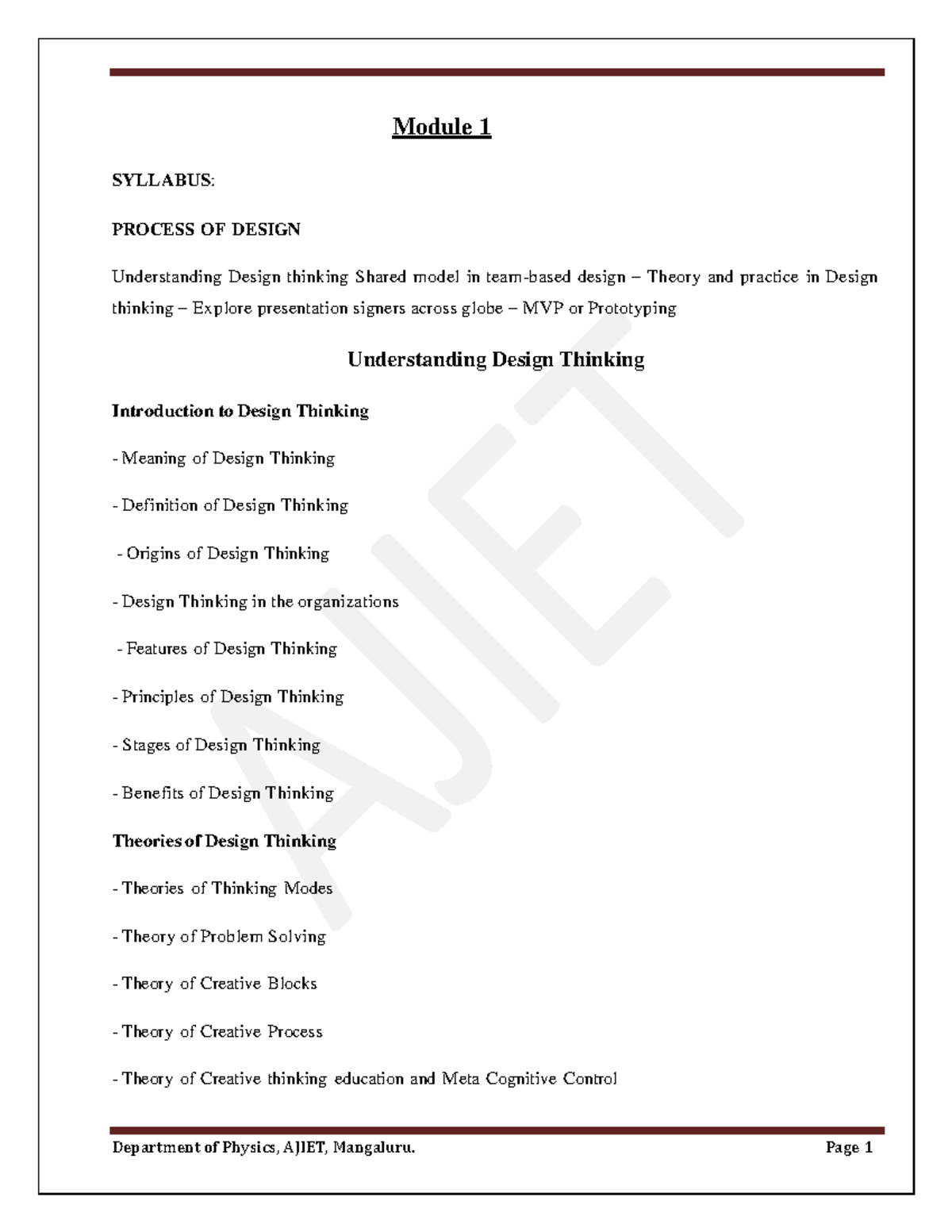 Module 1 Syllabus: Understanding Design Thinking (IDT 101) - Studocu