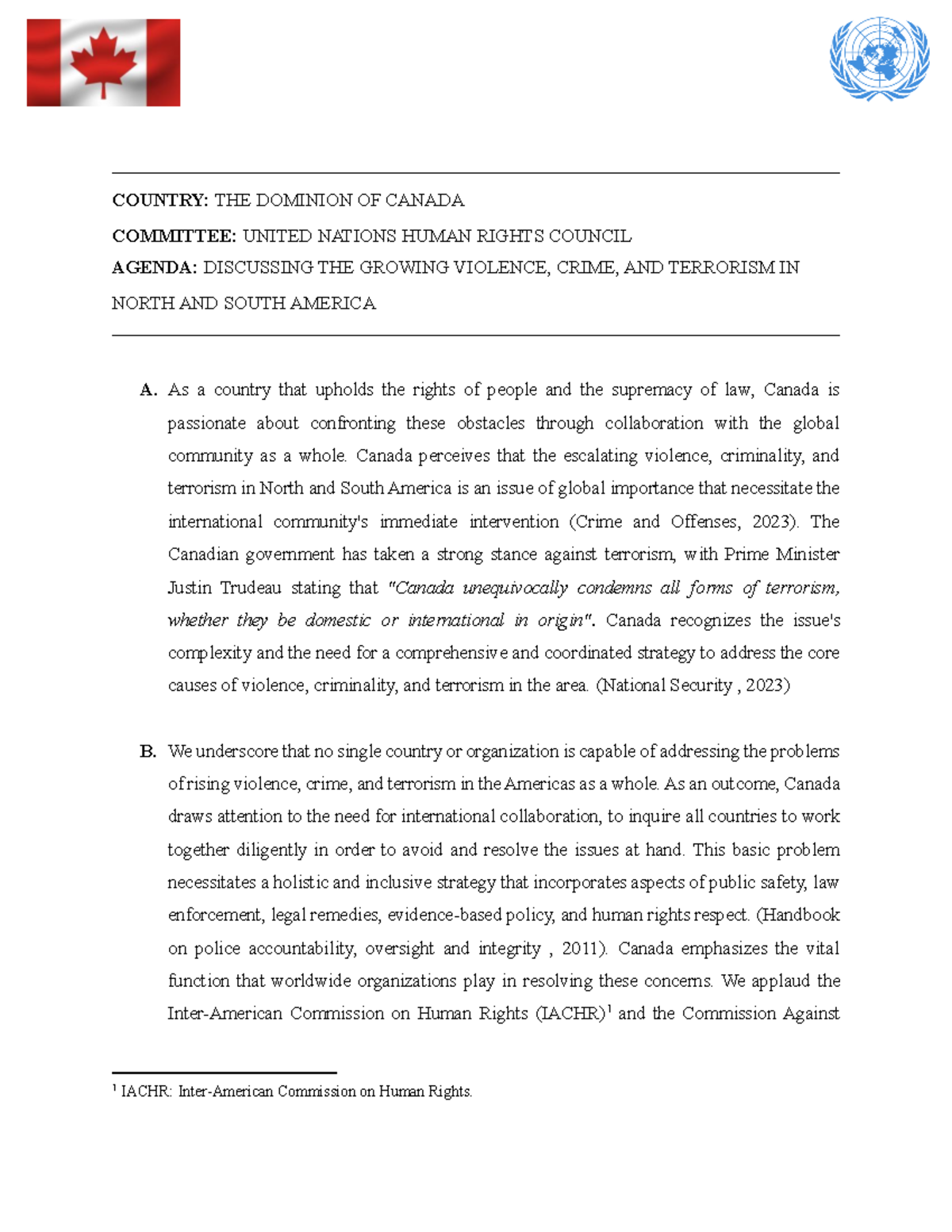 Canada UNHRC Position Paper: Addressing Violence & Terrorism in the ...