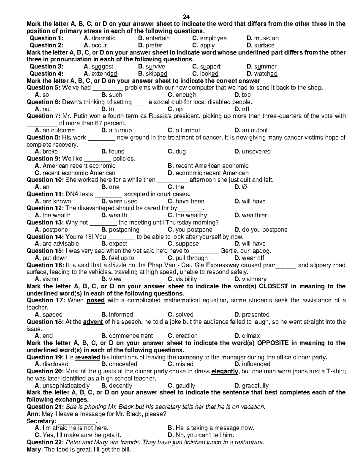 24 - Vocabulary and Grammar Practice Questions for Exam Preparation ...