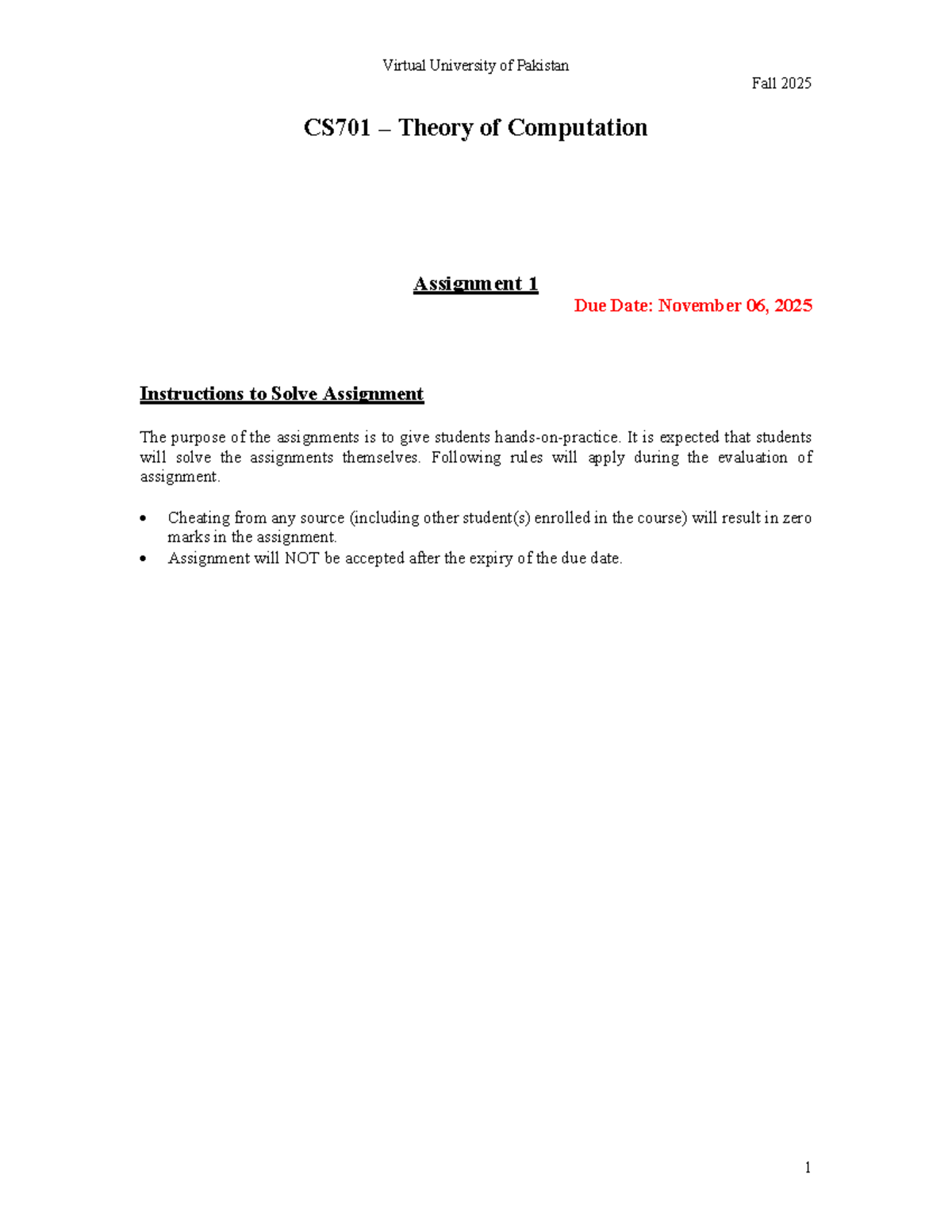 Fall 2025 CS701 Theory of Computation Assignment 1 Guidelines - Studocu
