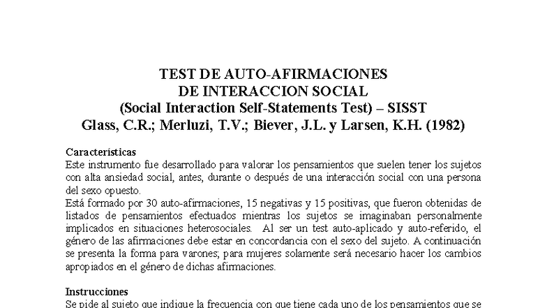 Test de Autoafirmaciones de Interacción Social SISST - Studocu