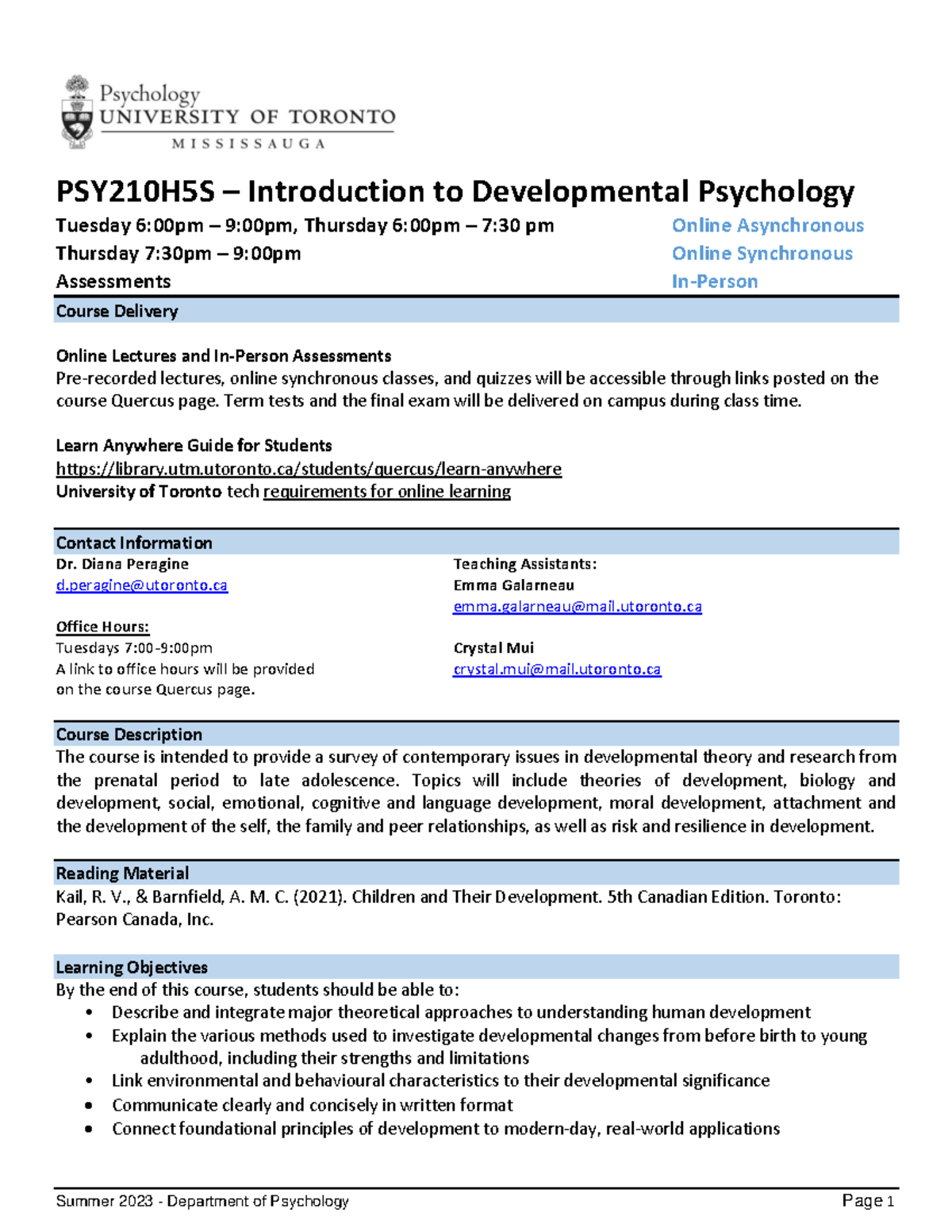 PSY210H5S Developmental Psychology Course Overview & Schedule - Studocu