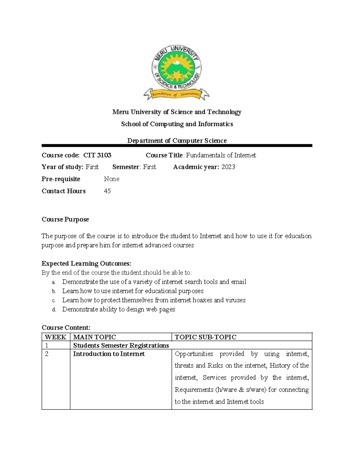 CIT 3103 Fundamentals OF Internet Course Outline Detailed - Meru ...