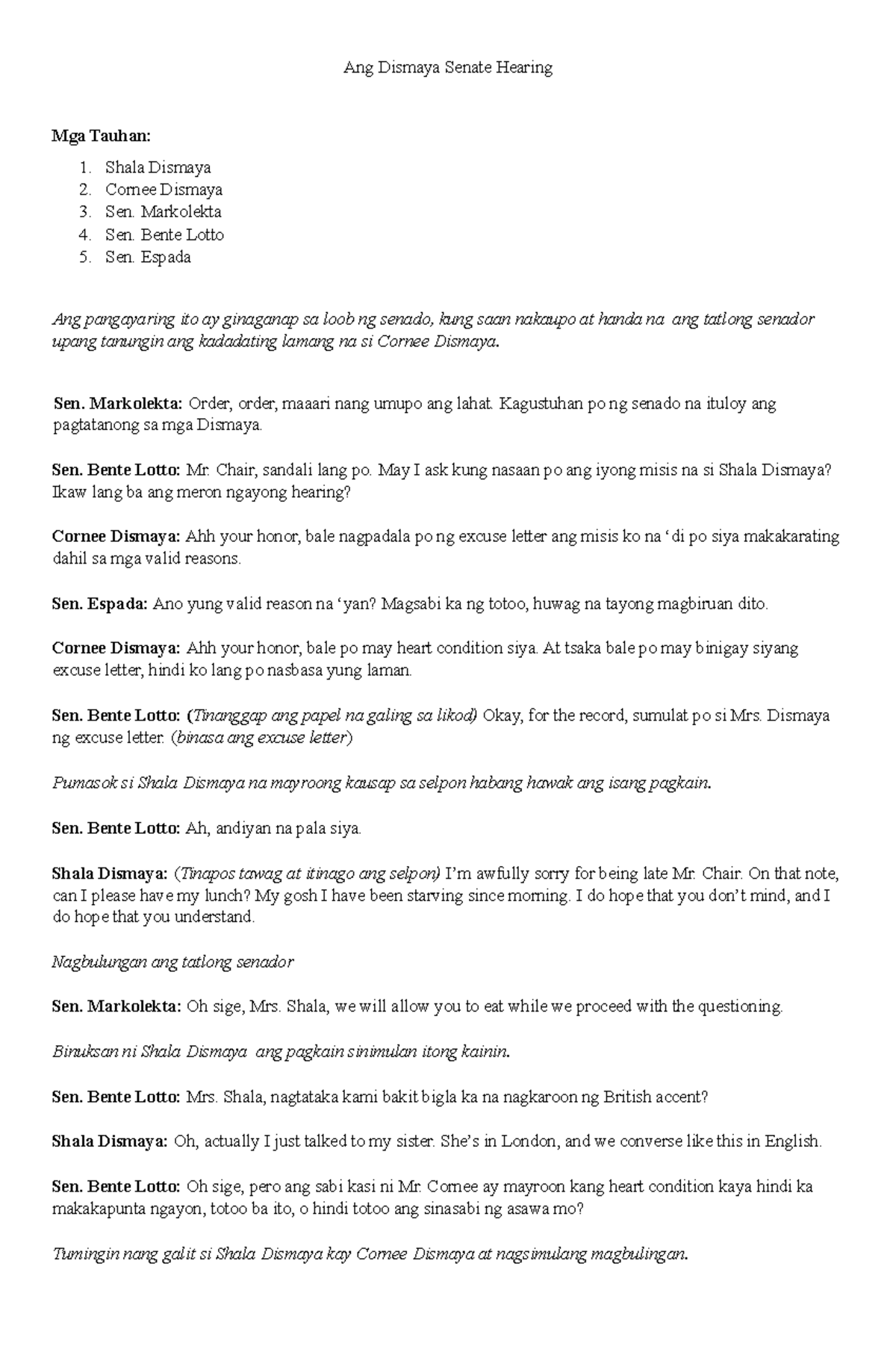 DULA: Senate Hearing Script ng mga Dismaya - Studocu