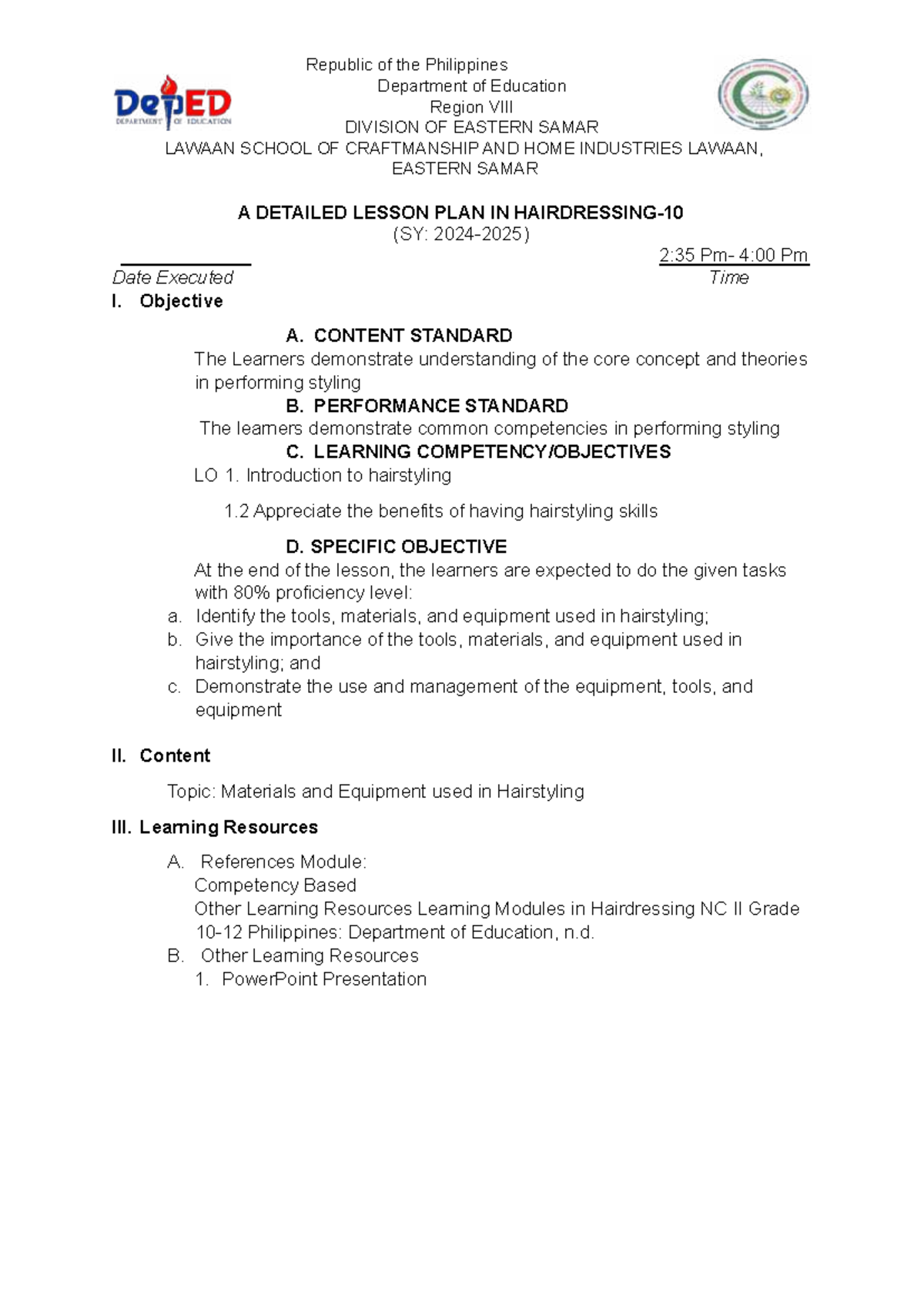 LP (Tools & Equipment) - Detailed Lesson Plan in Hairdressing 10 - Document Preview