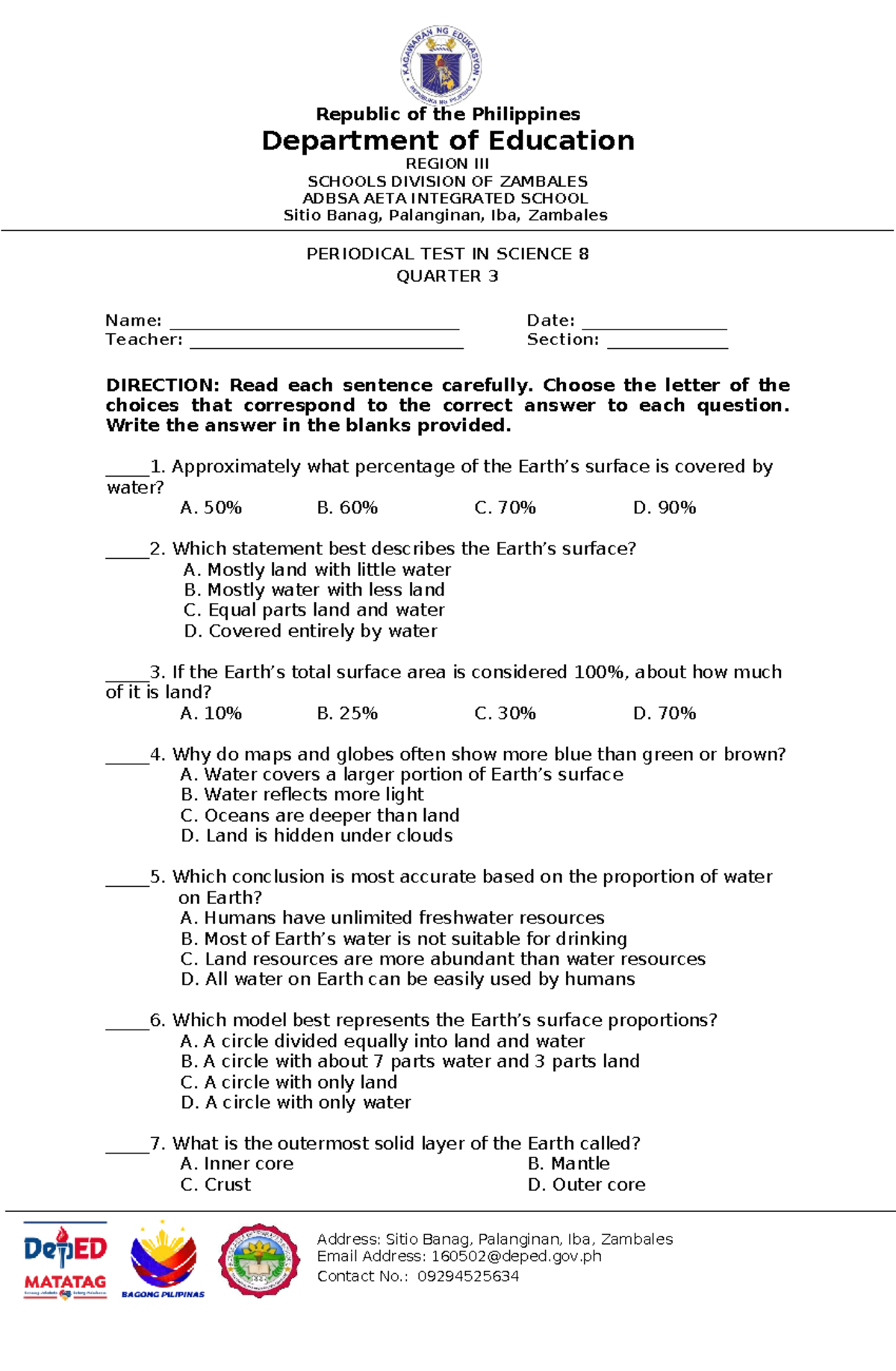 Science 8 - Q3 Periodical Test in Science - Studocu