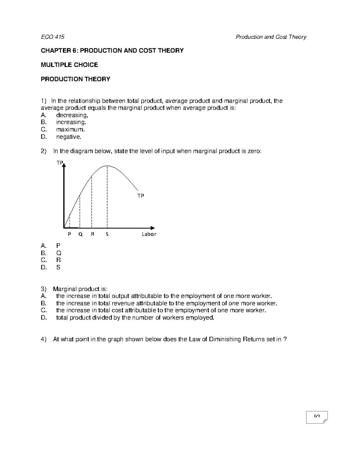 ECO 415 Production and Cost Theory CHAPTER 6: MCQs on Production Theory ...