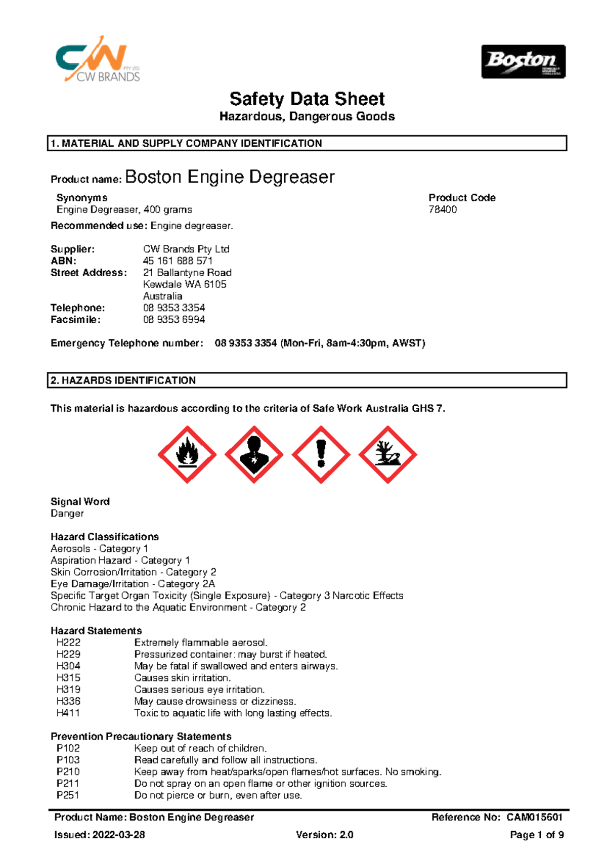 Boston Engine Degreaser Safety Data Sheet (SDS) - CAM015601 - Studocu