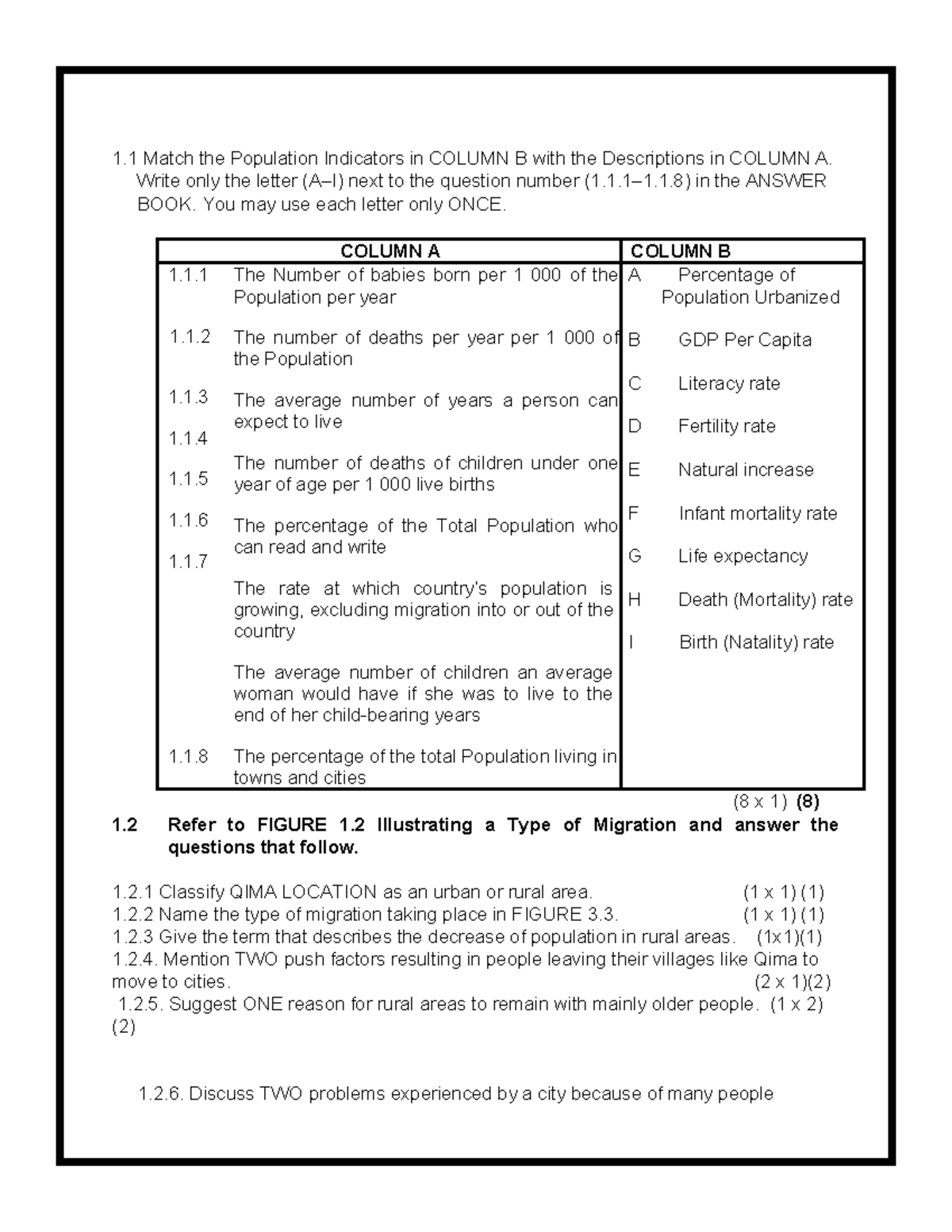 Geography 1: Grade 10 Population Indicators Revision Worksheet - Studocu
