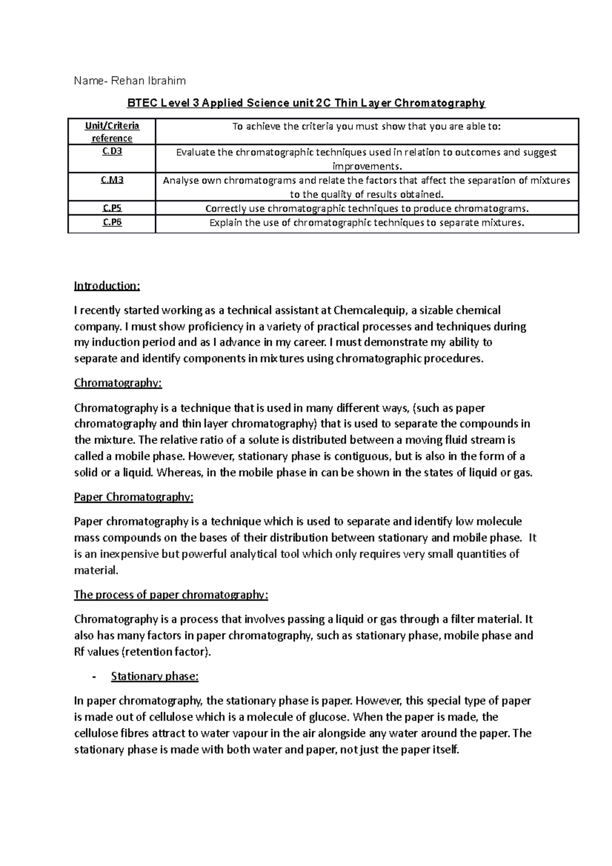 BTEC Level 3 Applied Science Unit 2C: Thin Layer Chromatography Notes ...