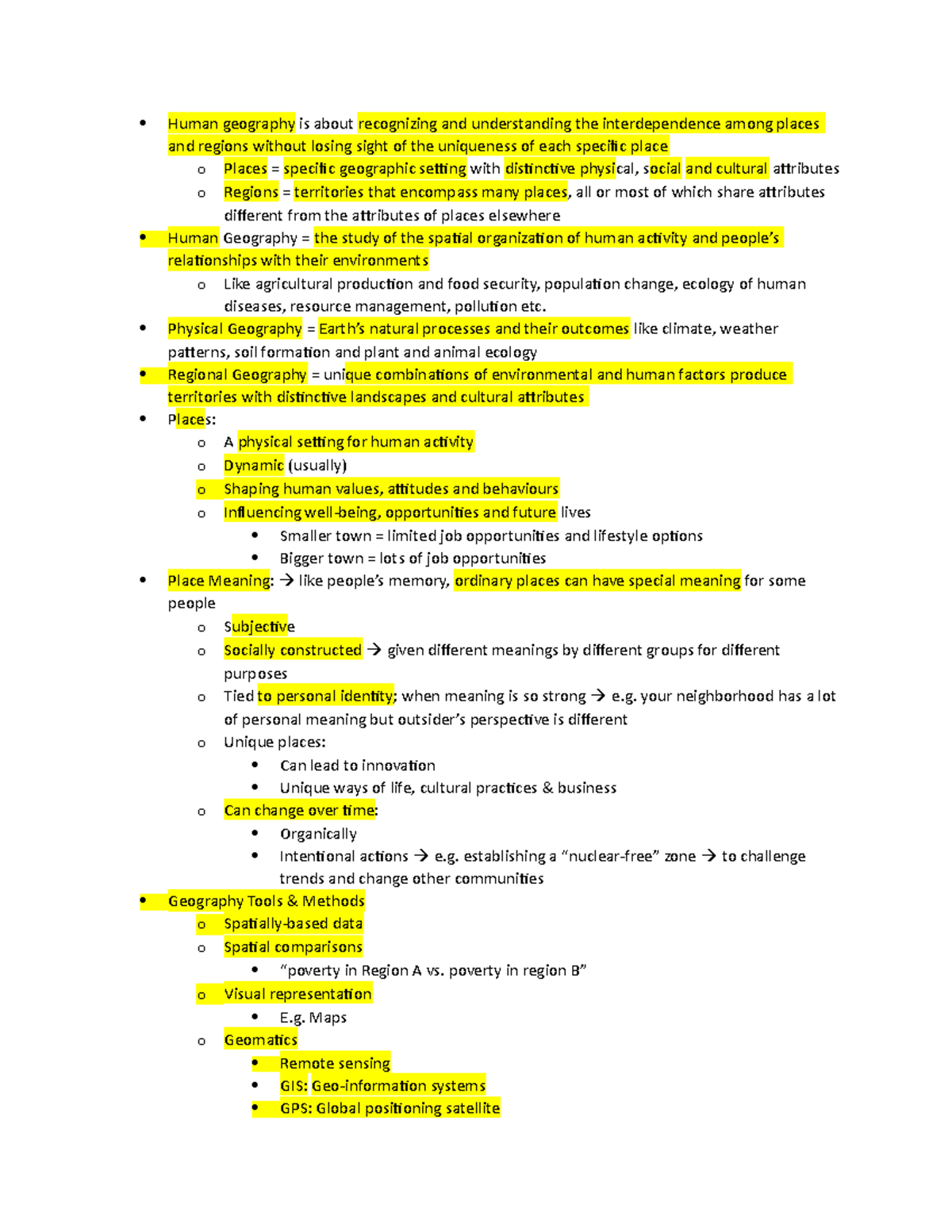 GEOG 101 - Quiz 1: Human Geography Lecture Notes and Key Concepts - Studocu