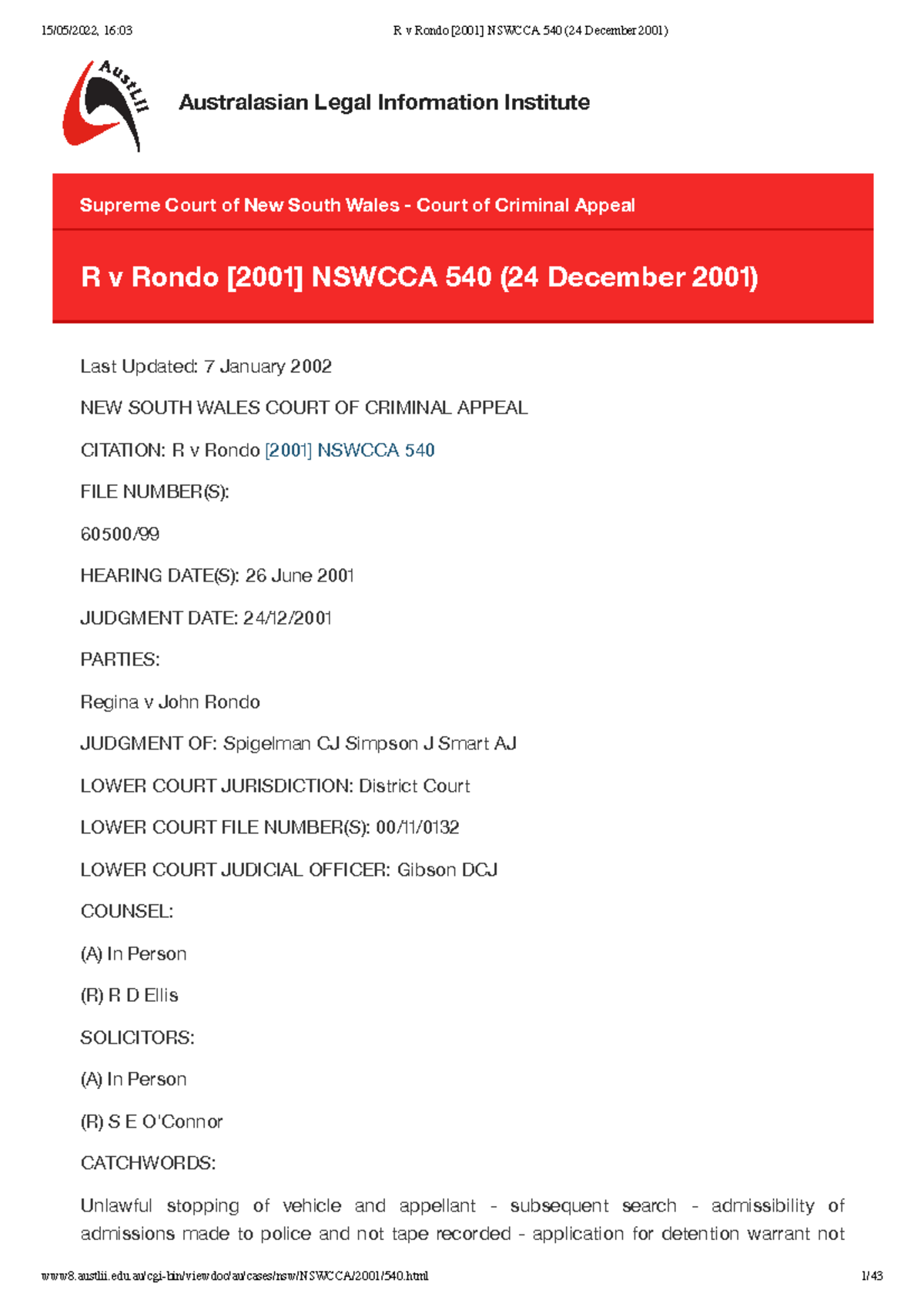 R v Rondo [2001] NSWCCA 540: Supreme Court Appeal Analysis - Studocu