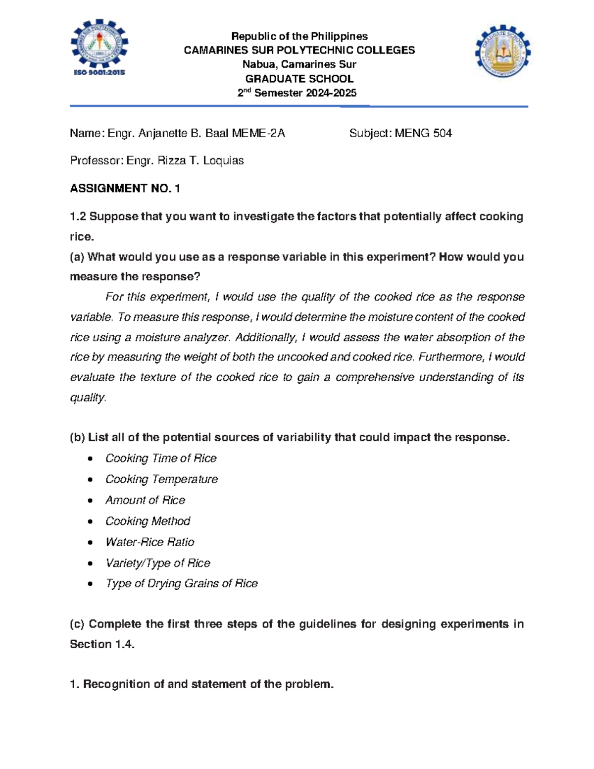 MENG 504 - Assignment 1: Investigating Factors Affecting Rice Quality ...