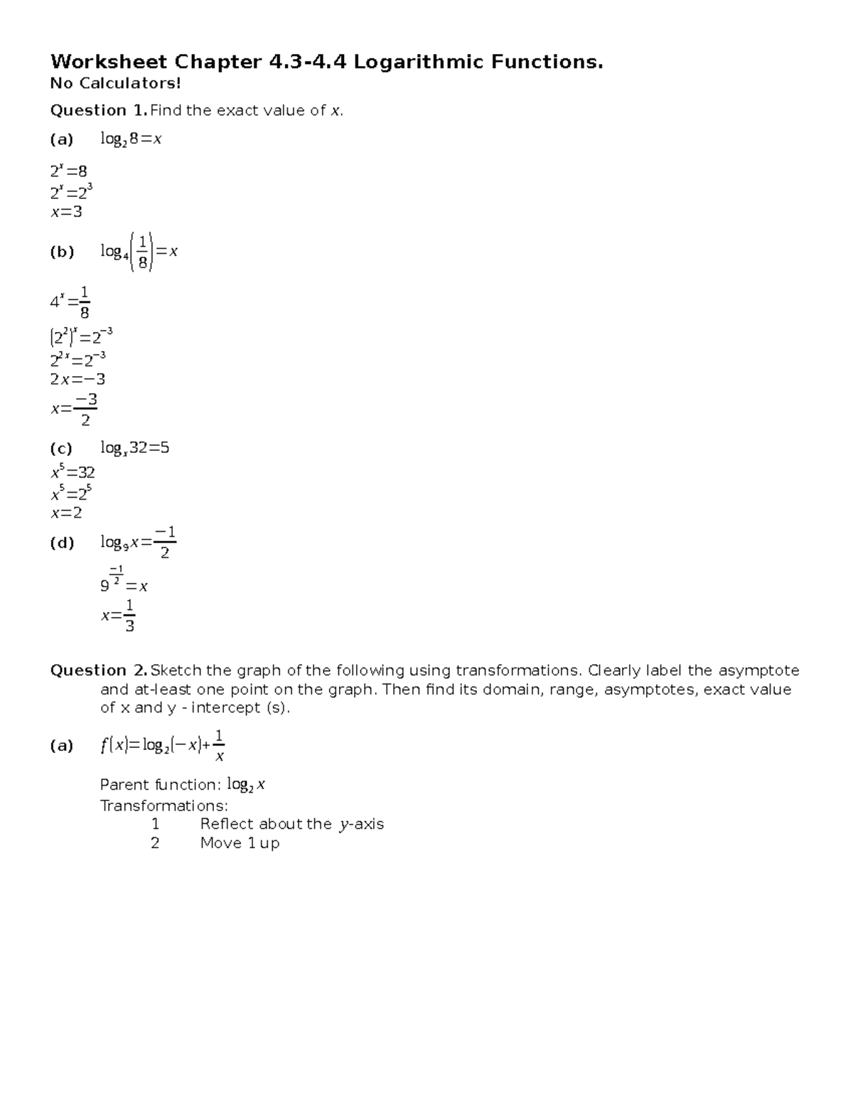 Worksheet Ch 4.3-4.4: Logarithmic Functions & Graphing - Studocu